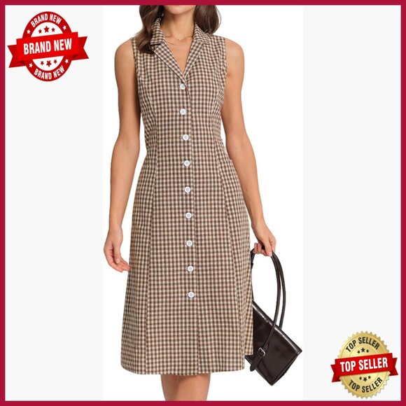 Slim Fit Midi Dress Sleeveless Button Up Plaid Work Casual Premium Fabric